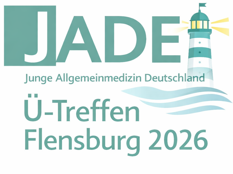Das Logo des Ü-Treffens Flensburg. Abgebildet ist das JADE-Logo zusammen mit einem Leuchtturm und angedeuteten Wellen.